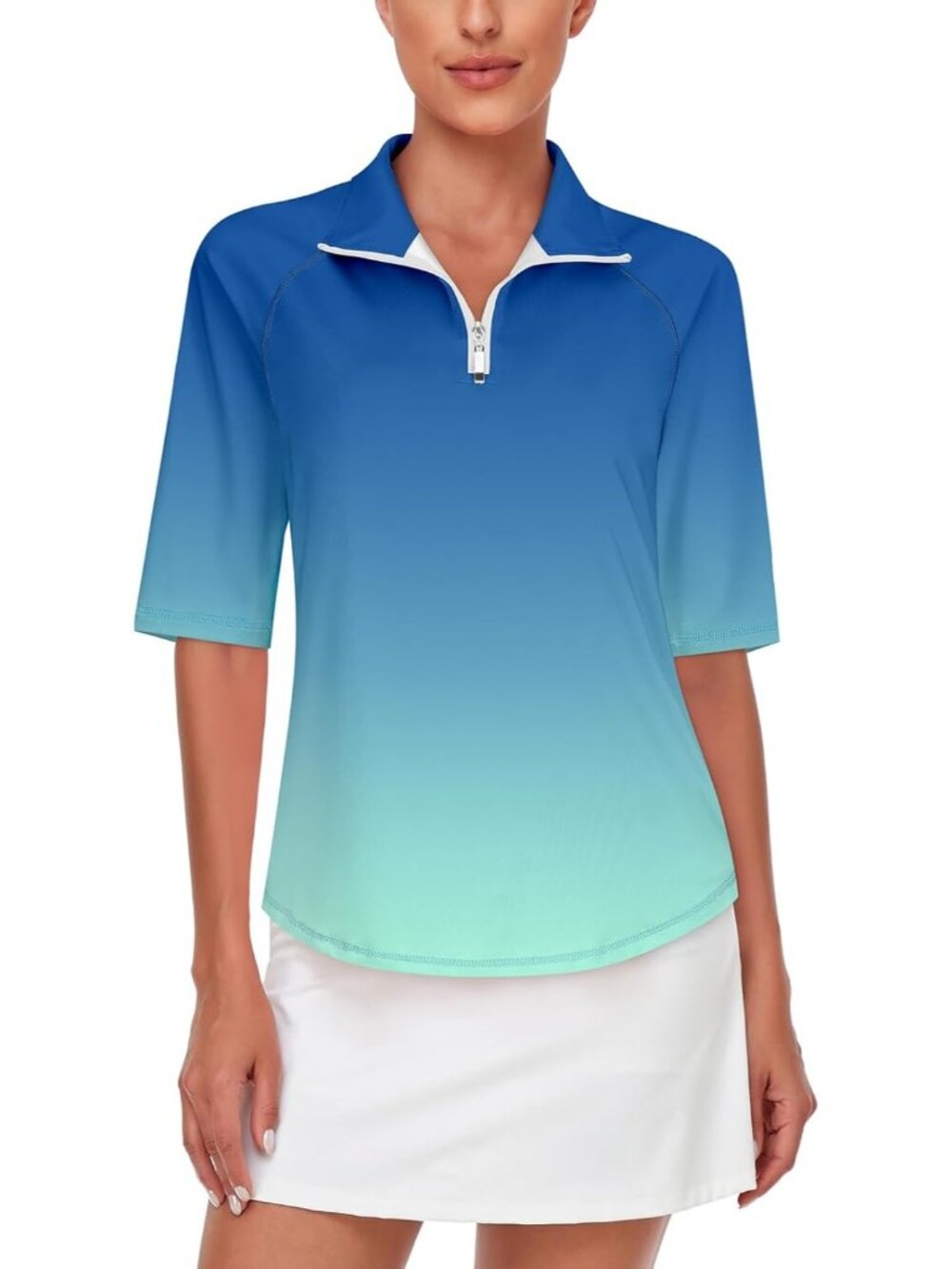 Womens Blue Gradient Golf Shirt Quick Dry Half Sleeve 1/4 Zip Tennis Top M-3XL